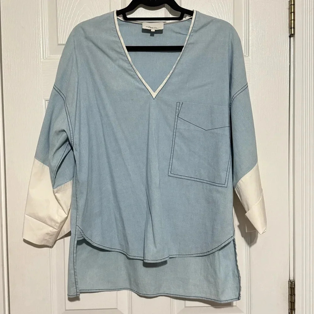 3.1 PHILLIP LIM | Oversized Short Sleeve Tee Shirt Tunic Light Blue White size 6
